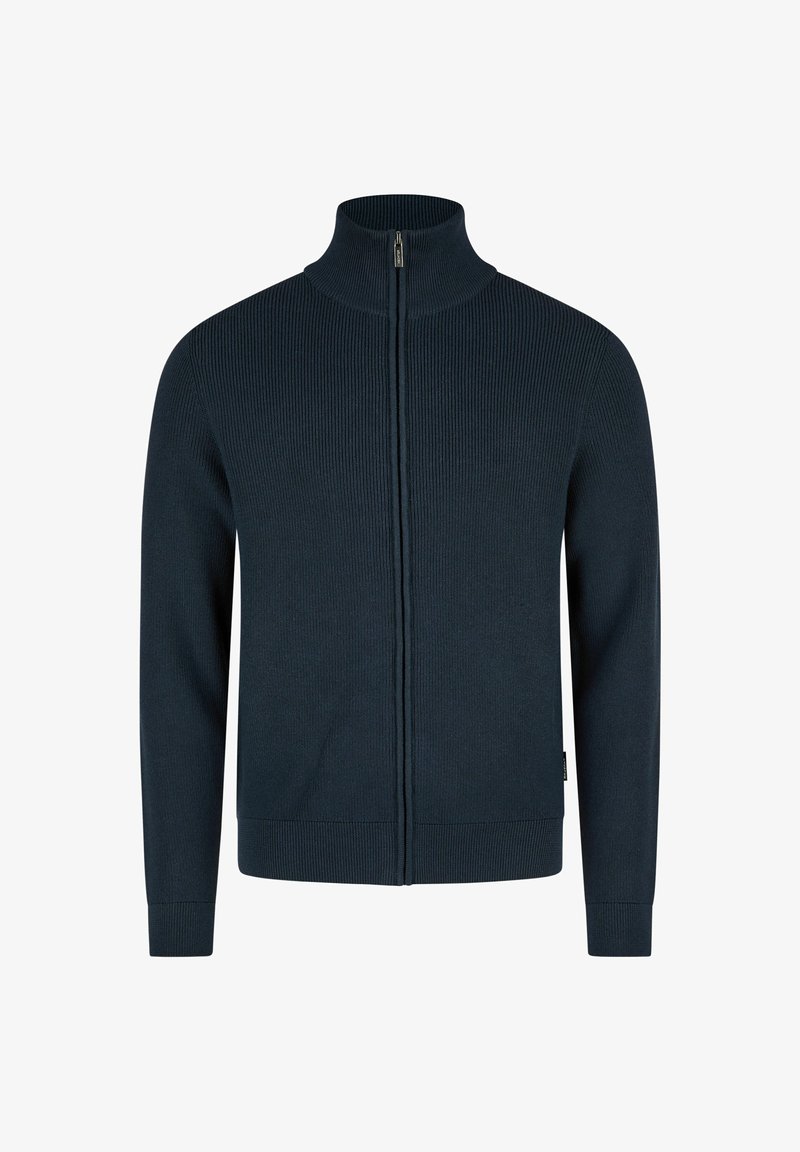 Marineblauer Reißverschluss-Cardigan aus geripptem Stoff. Verfügt über einen hohen Kragen, lange Ärmel und einen geraden Saum.