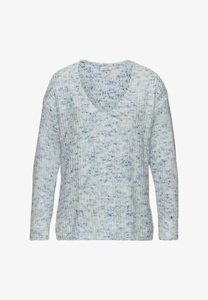 Hellblaues, gestricktes Pullover-Sweatshirt mit V-Ausschnitt, das ein strukturiertes Muster und gerippte Bündchen aufweist. Weicher, dicker Stoff mit subtilen Farbvariationen.