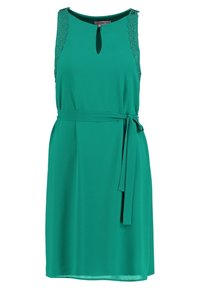 Vestido sin mangas en color verde azulado con detalles de encaje en los hombros, escote con abertura en forma de llavero y cinturón atado en la cintura, hecho de una tela suave.
