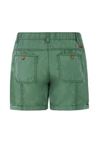 Groene katoenen shorts met een elastische tailleband, twee achterzakken, opgerolde zoom en ton-sur-ton stikseldetails. Houten knopenaccenten op de zakken.