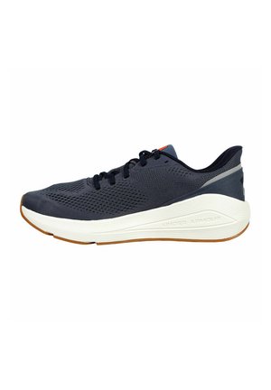 Navy mesh athletic shoes with a white and gum sole; features a textured upper, contrasting accent on the heel, and traditional lace-up design.
