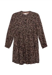 Langharig, zwart jurk met een bloemenpatroon in roze en crème. Afgewerkt met een gerimpelde lijf en een geplooide rok.