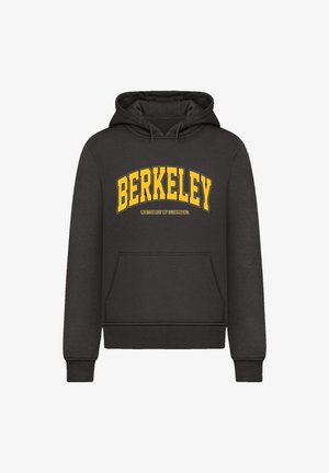 Grauer Hoodie mit einer vorderen Kängurutasche, geripptem Saum und Bündchen, mit gelbem "BERKELEY"-Text und "UNIVERSITY OF CALIFORNIA" darunter.