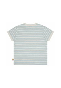 Korte mouw shirt in zacht materiaal met lichte blauwe strepen op een witte achtergrond. Ronde halslijn met een klein label aan de zoom.