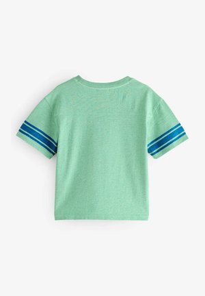 Mintgrön t-shirt med kort ärm och blå ränder på ärmarna, gjord av mjukt tyg, med rundad hals och avslappnad passform.
