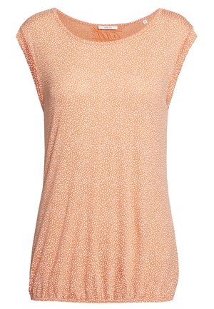 Ärmellose pfirsichfarbene Bluse mit kleinem weißem unregelmäßigem Punktemuster, rundem Ausschnitt und elastischem Saum.