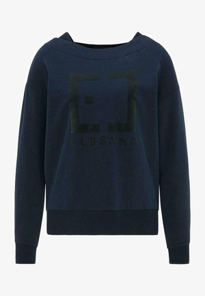 Navy blue sweatshirt made of soft fabric, featuring a wide neckline and a textured logo design in dark green. Long sleeves and ribbed cuffs.