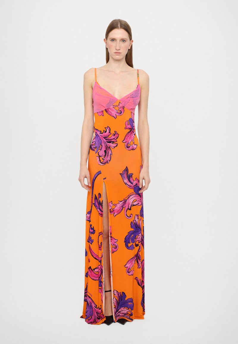 versace dress orange S/S 2000 Gianni Versace by Donatella Orange Cotton Cutout Floral Dress