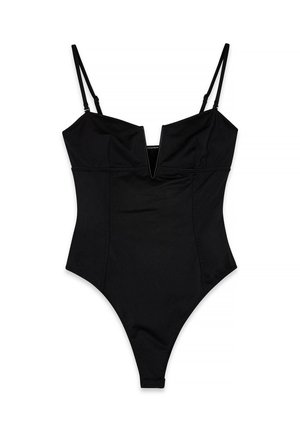 Bañador negro de una sola pieza con tirantes ajustables, escote en V profundo y textura elegante. Presenta costuras mínimas y un diseño de pierna alta.