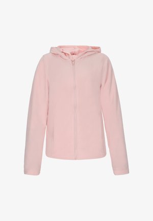 Világos rózsaszín bolyhos dzseki kapucnival, teljes cipzárral, hosszú ujjal és puha textúrával. Egyszerű design minta vagy díszítés nélkül.