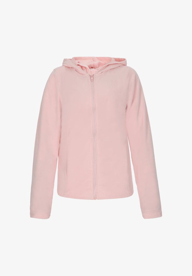 Jasnoróżowa polarowa kurtka z kapturem, pełnym zamkiem, długimi rękawami i miękką teksturą. Prosty design bez wzorów czy ozdób.