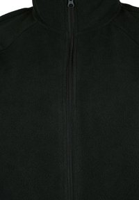 Veste en polaire noire avec col montant, fermeture éclair complète et texture douce. Coutures d'épaule divisées pour un ajustement sans embellissements ni motifs.