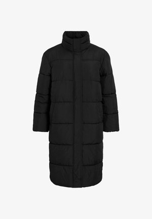 Černá péřová bunda s vysokým límcem, horizontálně prošívanými panely, dlouhými rukávy a rovný lem. Vyrobena z lehkého, prošívaného materiálu.