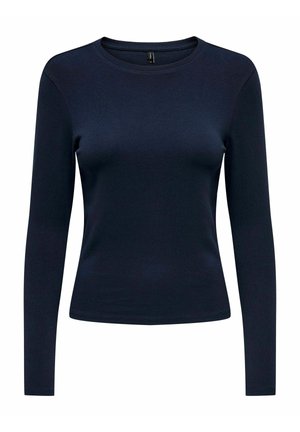 Top de manga larga de color navy, confeccionado en una suave tela elástica con cuello redondo. Presenta una silueta ajustada y un diseño minimalista.