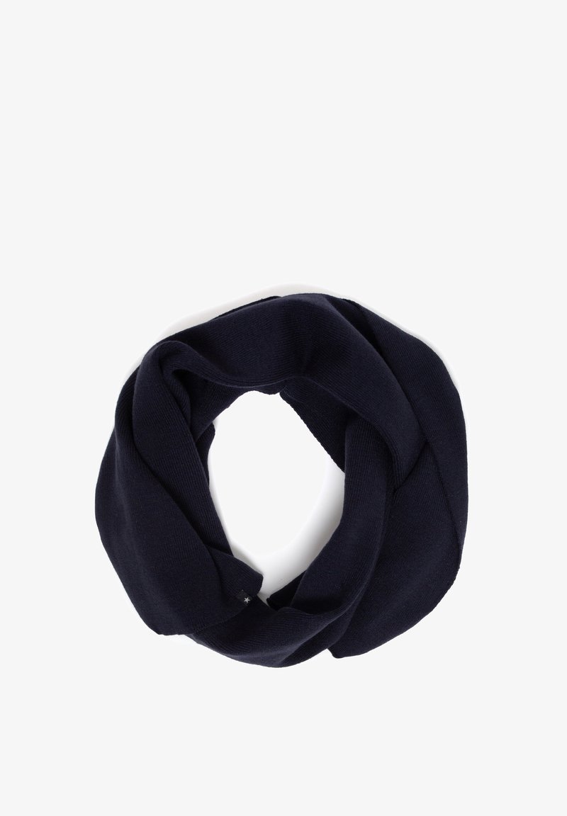 Tamsiai mėlynas beiginis šalikas, pagamintas iš švelnios mezginio medžiagos. Dizainas yra nuolatinis, su lygiu tekstūru ir be matomų raštų ar metalinių detalių.