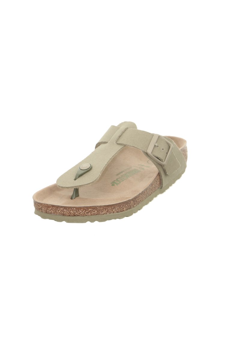 Sandalo in pelle beige con cinturino in tessuto regolabile, suola in sughero, soletta in camoscio e suola in gomma testurizzata.