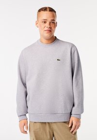 Lichtgrijze sweatshirt met een ronde hals, ribgebreide manchetten en onderkant. Heeft een klein groen krokodillenlogo op de linkerborst.