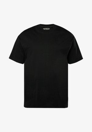 Camiseta de algodón negra con cuello redondo, mangas cortas y un corte relajado. Presenta una etiqueta de la marca en el interior del cuello.