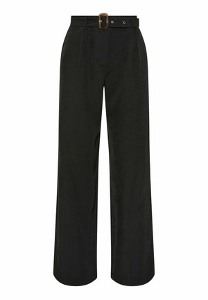 Zwarte wijde pantalon met hoge taille, plooien en bijpassende stoffen riem met een rechthoekige gouden gesp.