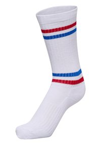 Biała skarpetka z czerwonymi i niebieskimi poziomymi paskami u góry. Wykonana z teksturowanej tkaniny, oferująca dopasowany krój i wzmocniony obszar palców.