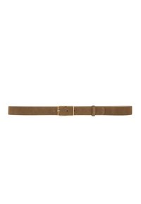 Brown suede belt with a rectangular gold metal buckle, featuring a smooth texture and multiple adjustment holes for size variation.