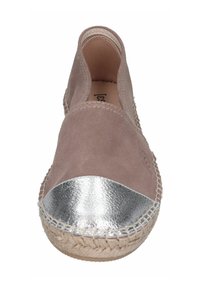 Suede slip-on shoe in light pink with a metallic silver toe cap, featuring a jute braided sole and stitched accents.