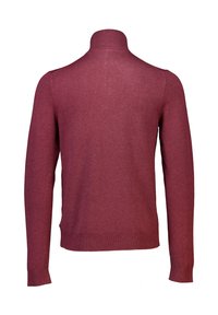 Maglione lungo a maniche con collo alto di color bordeaux. Tessuto liscio, polsini e vita a costine, vista posteriore che mette in evidenza il design aderente.