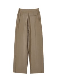 Beige weit geschnittene Hosen mit einer gewellten Textur, hoher Taille und zwei Gesäßtaschen. Aus glattem, leichtem Stoff.