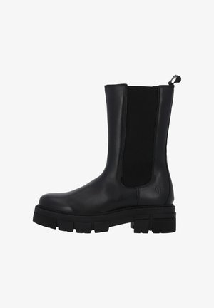 Botas de tobillo negras con un exterior de cuero elegante, paneles laterales elásticos y una suela de tracción gruesa. Diseño minimalista con un detalle de logo.