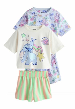 Dve sady detských pyžamových tričiek a šortiek: jedno krémové tričko s karikatúrou mimozemšťana a hviezd, pruhované šortky v mäte a broskyňovej farbe; jedno svetlofialové s potlačou karikatúrneho mimozemšťana.