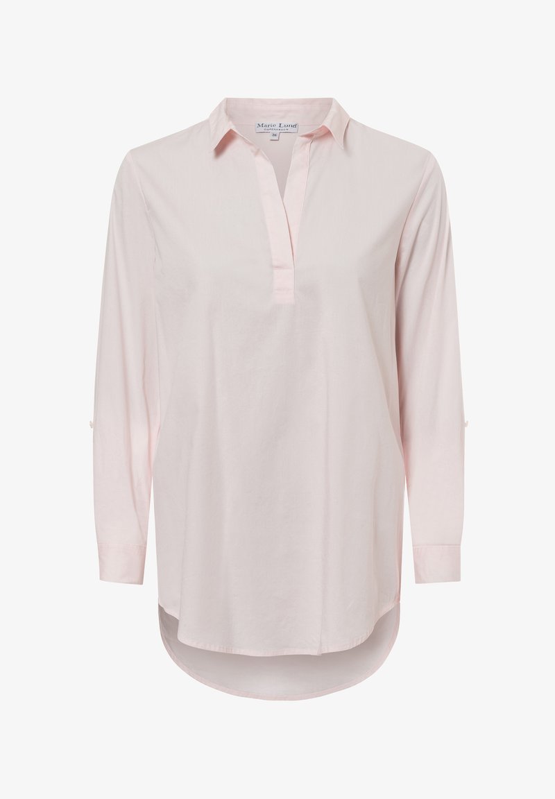 Camicia a maniche lunghe rosa chiaro con un colletto, una pattina con bottoni a mezza lunghezza e polsini arrotolati. Tessuto morbido con orlo leggermente curvo.