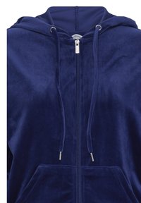 Sweat à capuche en velours bleu marine avec fermeture éclair à l'avant, capuche à cordon avec embouts métalliques et poche kangourou à l'avant.
