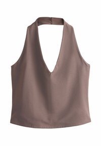 Top sans manches mauve à col montant et encolure en V profonde, confectionné dans un tissu lisse, présenté sur un fond blanc.