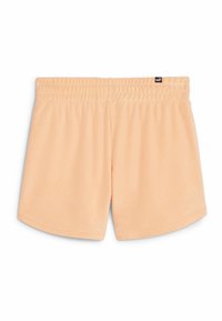 Peachfarvede shorts lavet af blødt stof, med elastisk talje og løs pasform. Ingen lommer eller markante mønstre nævnt.
