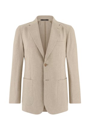 Beiger Herrenblazer mit einem Knopf, Revers mit Kerbkragen, zwei großen Vorderentaschen und einer Brustleistentasche, aus leichtem Stoff gefertigt.