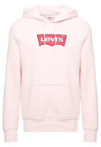 Sudadera rosa claro hecha de un tejido texturizado con un bolsillo tipo canguro, que presenta un parche con el logo rojo de Levi's en el pecho y capucha con cordones.