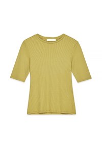 T-paita, jossa on lyhyet hihat, oliivinvihreää väriä, valmistettu raidoitetusta kankaasta, jossa on pyöreä kaula-aukko ja suora helma.