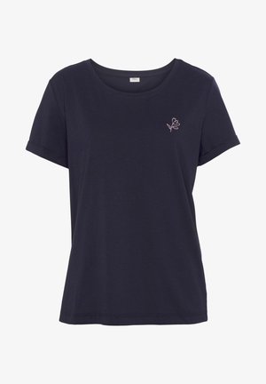 Tume sinine lühikeste varrukatega t-särk ümmarguse kaelusega ja väikese roosa tikandiga lilledega rindkere piirkonnas. Pehme puuvillane materjal.