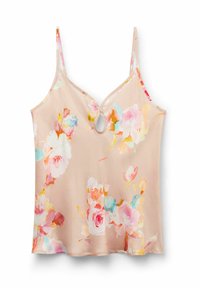 Bloesemde camisole in blush stof met een V-halslijn en sleutelgatdetail. Dankzij de dunne verstelbare bandjes is het comfortabel en stijlvol. Het ontwerp bevat meerkleurige bloempatronen.