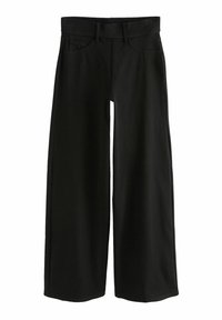 Pantalones de mezclilla negros de pierna ancha con corte recto, que cuentan con una cinturilla con pasadores para cinturón y dos bolsillos frontales.