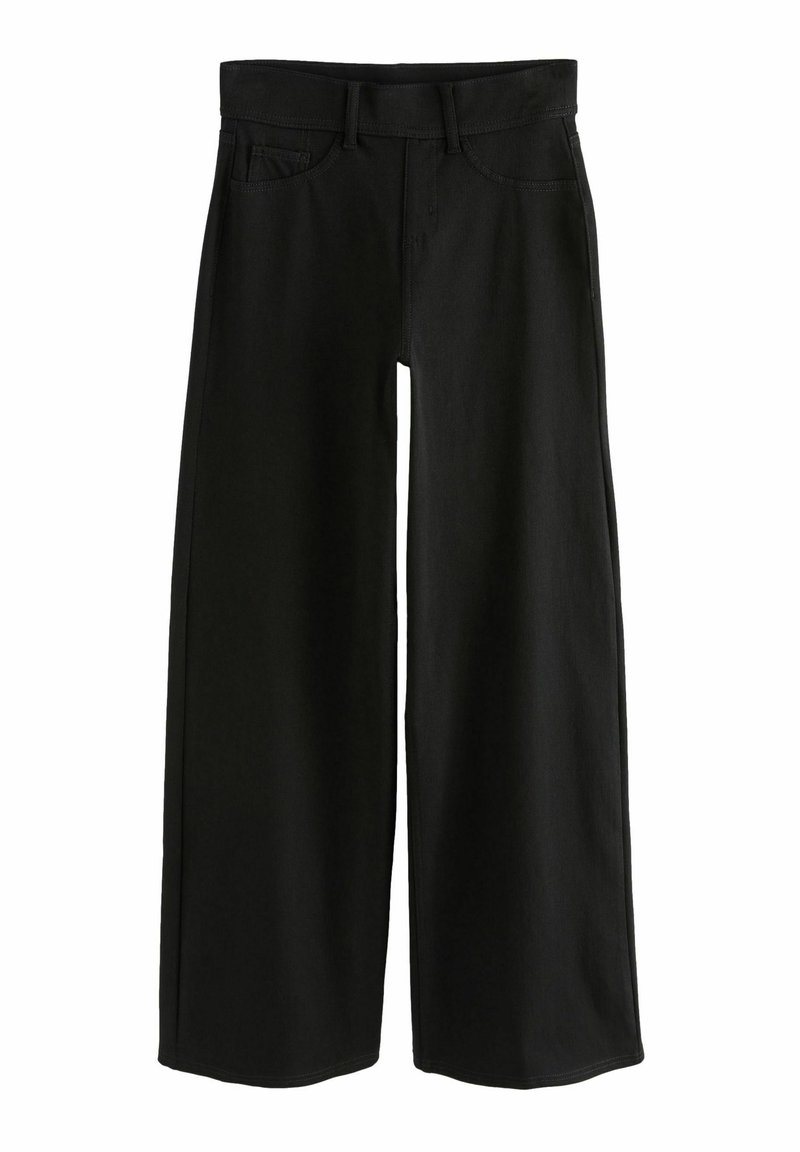 Pantalones de mezclilla negros de pierna ancha con corte recto, que cuentan con una cinturilla con pasadores para cinturón y dos bolsillos frontales.