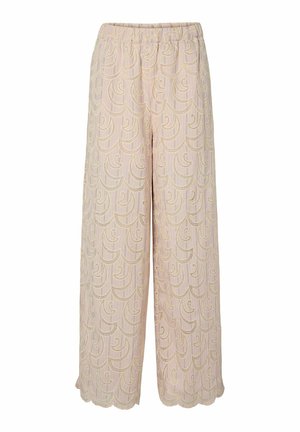 Pantaloni rosa chiaro a gamba larga con vita elastica, con orlo smerlato e motivo ad arco ricamato su tutta la superficie.