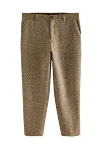 Pantaloni personalizați maro, din țesătură texturat�ă, cu închidere prin buton, două buzunare frontale și o croială dreaptă.
