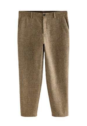Pantalons tailleur marron en tissu texturé, avec fermeture à bouton, deux poches avant et une coupe droite.