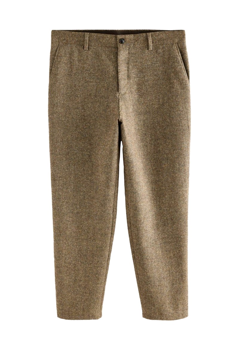 Pantaloni personalizați maro, din țesătură texturată, cu închidere prin buton, două buzunare frontale și o croială dreaptă.