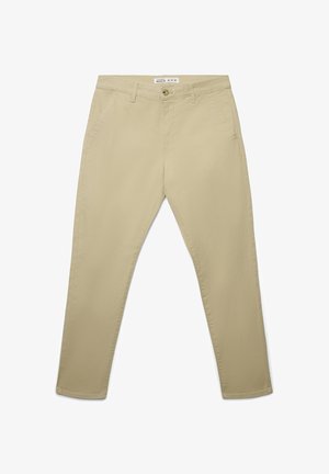 Pantaloni chino in cotone beige con design a gamba dritta, dotati di chiusura con bottone, passanti per cintura e tasche laterali. Tessuto liscio, dettagli minimali.