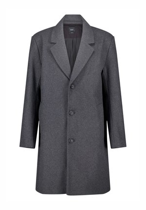 Gray wool overcoat with a notched collar, button-front closure, and long sleeves. It features a smooth texture and a straight silhouette.