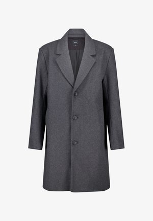 Grijze wollen overjas met een notch-kraag, knoopsluiting aan de voorkant en lange mouwen. Het heeft een gladde textuur en een rechte silhouette.