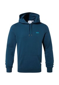Hooded sweatshirt in dark teal, made of soft fabric. Features a front pocket, drawstring closure, and a small logo patch on the chest.