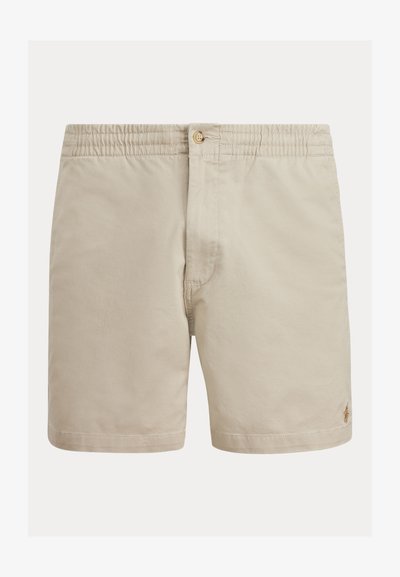 Béžové bavlněné šortky s elastickým pasem, zapínáním na knoflík a decentním logem. Hladká textura, rovný střih a střih na míru.